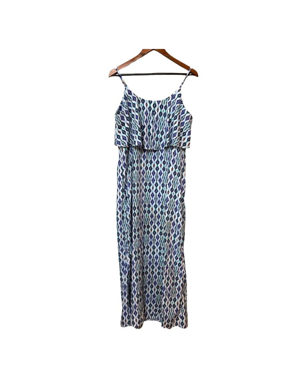 Motherhood Maternity Maxi Dress Blue Aztec Print Ruffle Top Spaghetti Straps L - Picture 2 of 5